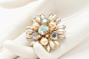 Vintage 1950s AB Rhinestone Faux Pearl Flower Brooch Gold Tone